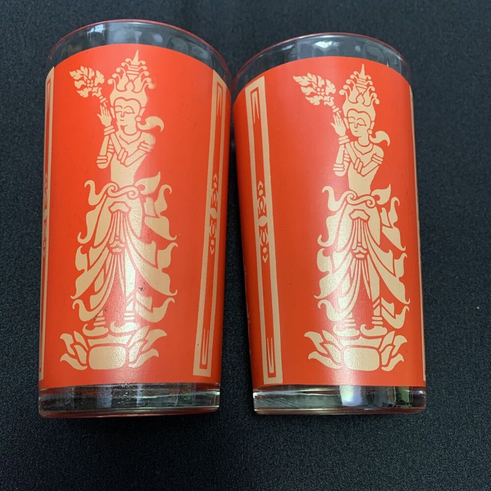 MCM Culver Red Gold Thai Goddess High Ball Glasses Tumblers Set of 2 Siam 1960s